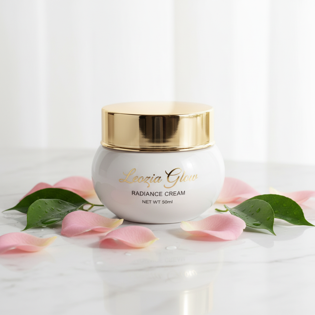 Leozia Glow Radiance Cream product shot on marble surface