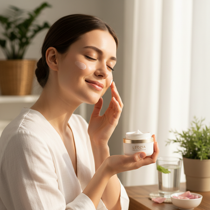 Lifestyle shot of woman applying Leozia Glow Radiance Cream